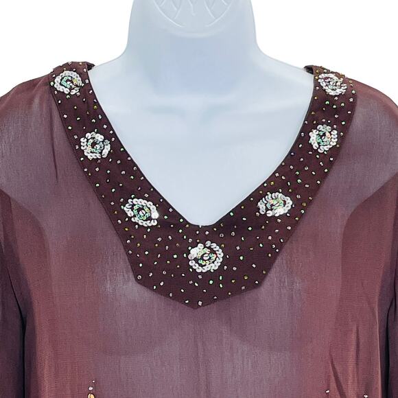 Phool Vintage Brown Sheer V-Neck Sequins & Beading Long Sleeve Hippie Boho Top S - Picture 4 of 13